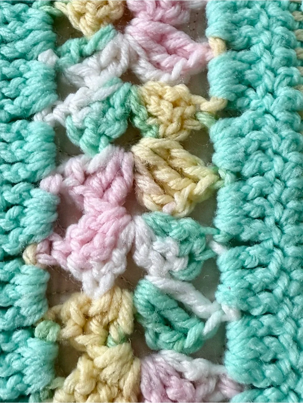 Vintage handmade crocheted afghan blanket mint green pink yellow stripe
